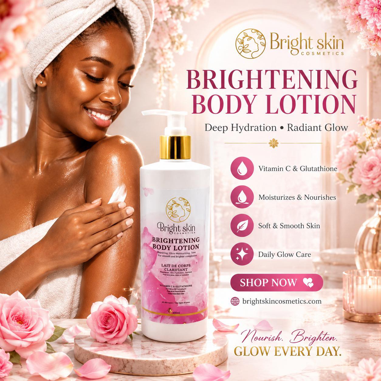 Achieve a luminous complexion with our Bright Skin Brightening Body Lotion! 🌼 Infused with powerful ingredients, it hydrates while promoting an even skin tone. Are you ready to embrace your glow?