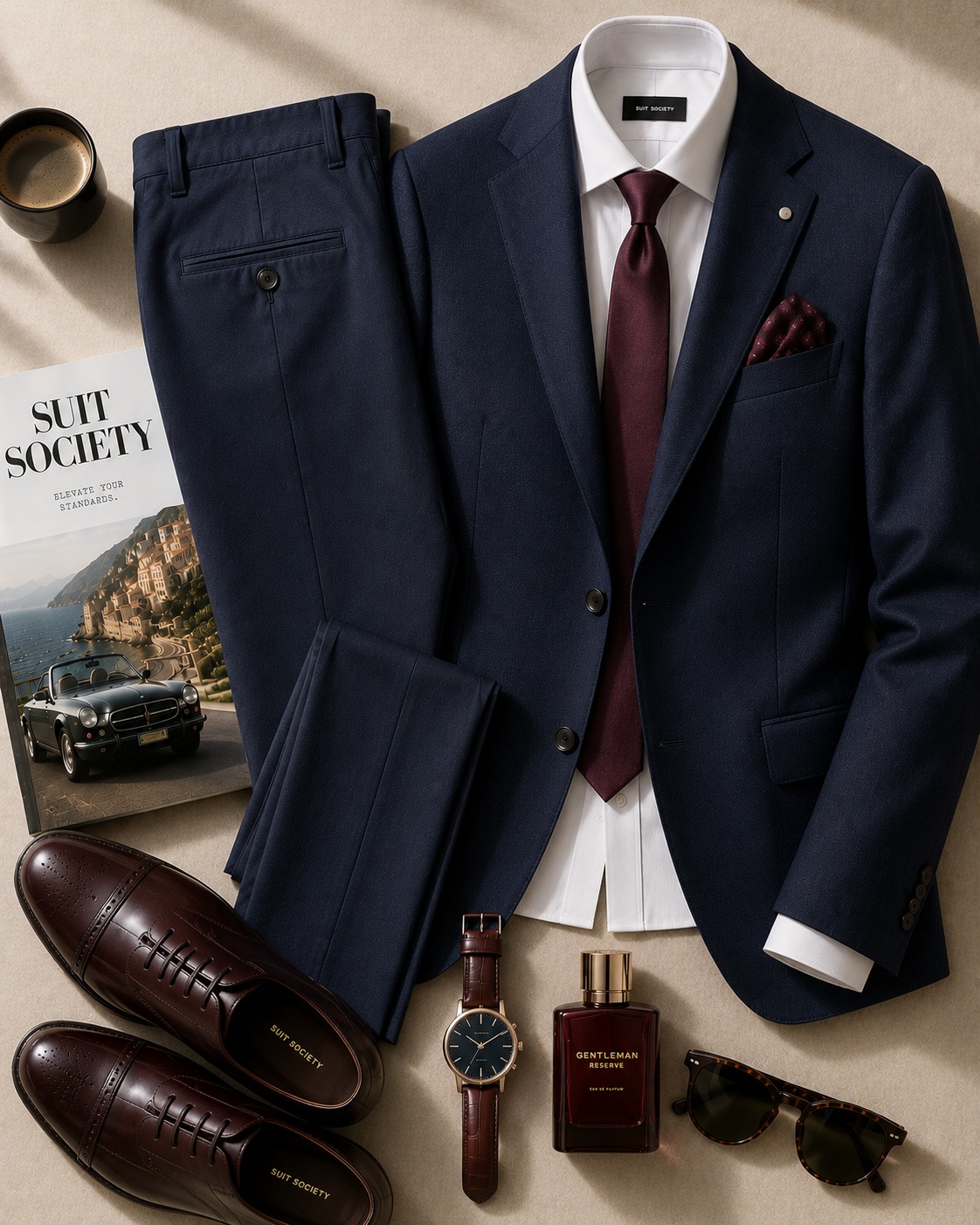 Burgundy Dress With Navy Suit