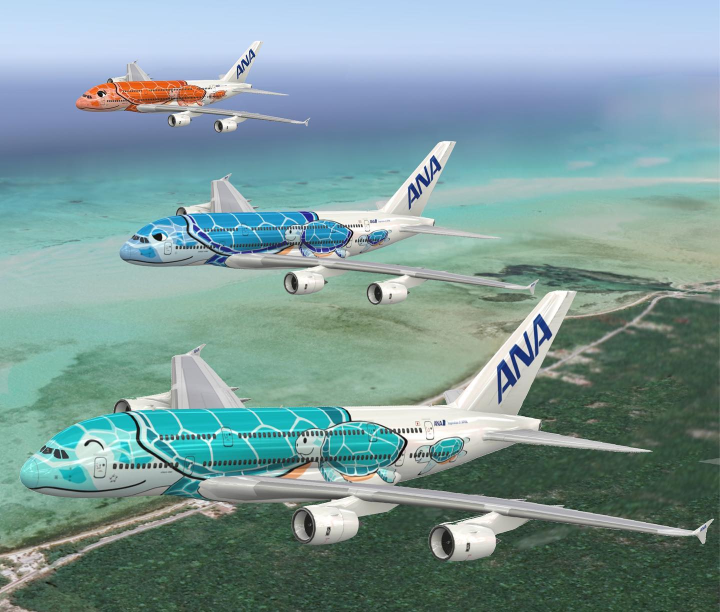 These 3 FLYING HONU @ana.japan A380s are inspired by the Hawaiian
