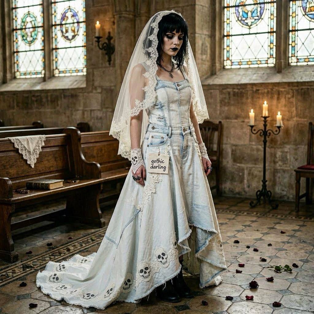 sewing together old denim jeans is as Goth as it gets to create a stunning Gothic skulls wedding dress