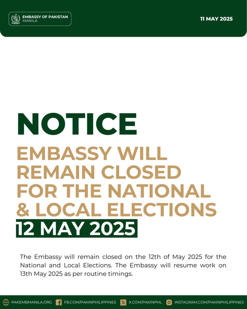Pakistan - NOTICE: Embassy closed for the National and Local Elections ...