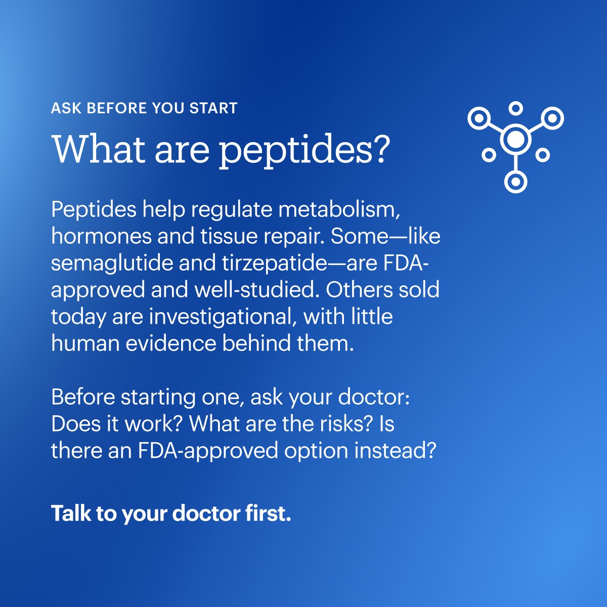 Peptides dominate social media and wellness sites right now, with claims about weight loss, muscle recovery, anti-aging and brain health. But the hype has moved faster than the science. Some are FDA-approved
