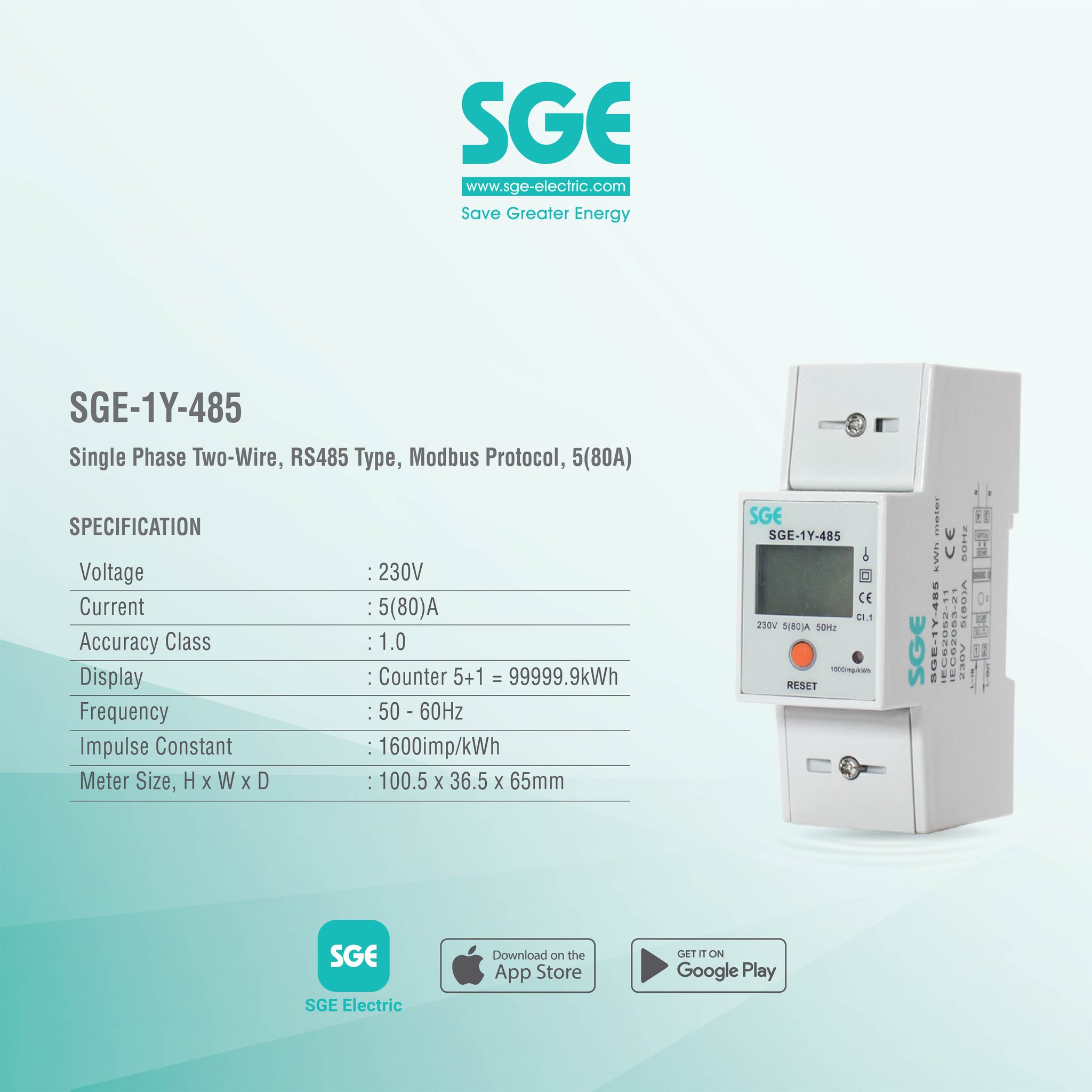 SGE - SGE Energy Meter, Model SGE-1Y-485, which is a single phase two ...