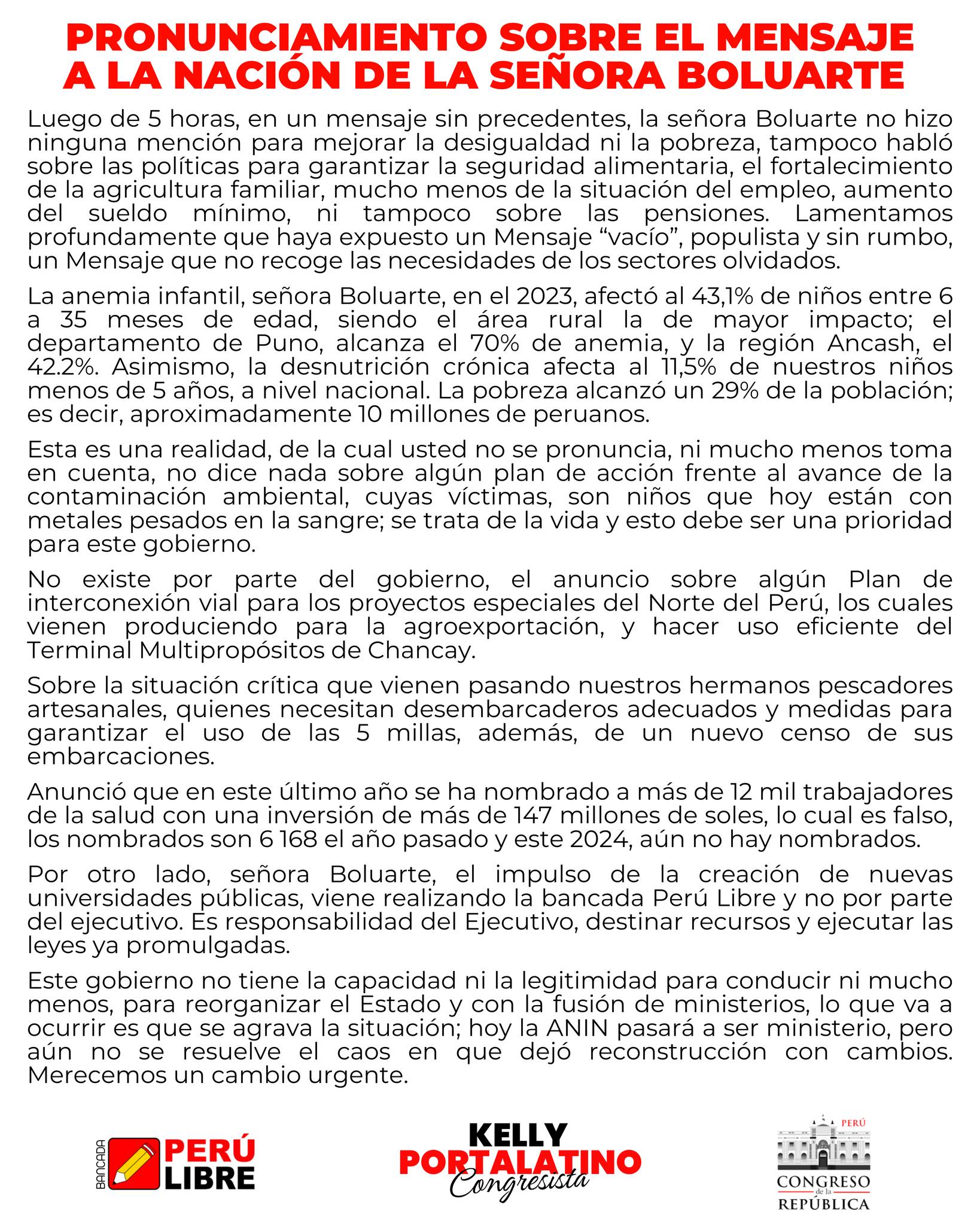 Kelly - 📢 PRONUNCIAMIENTO SOBRE EL MENSAJE A LA NACIÓN DE LA SEÑORA ...