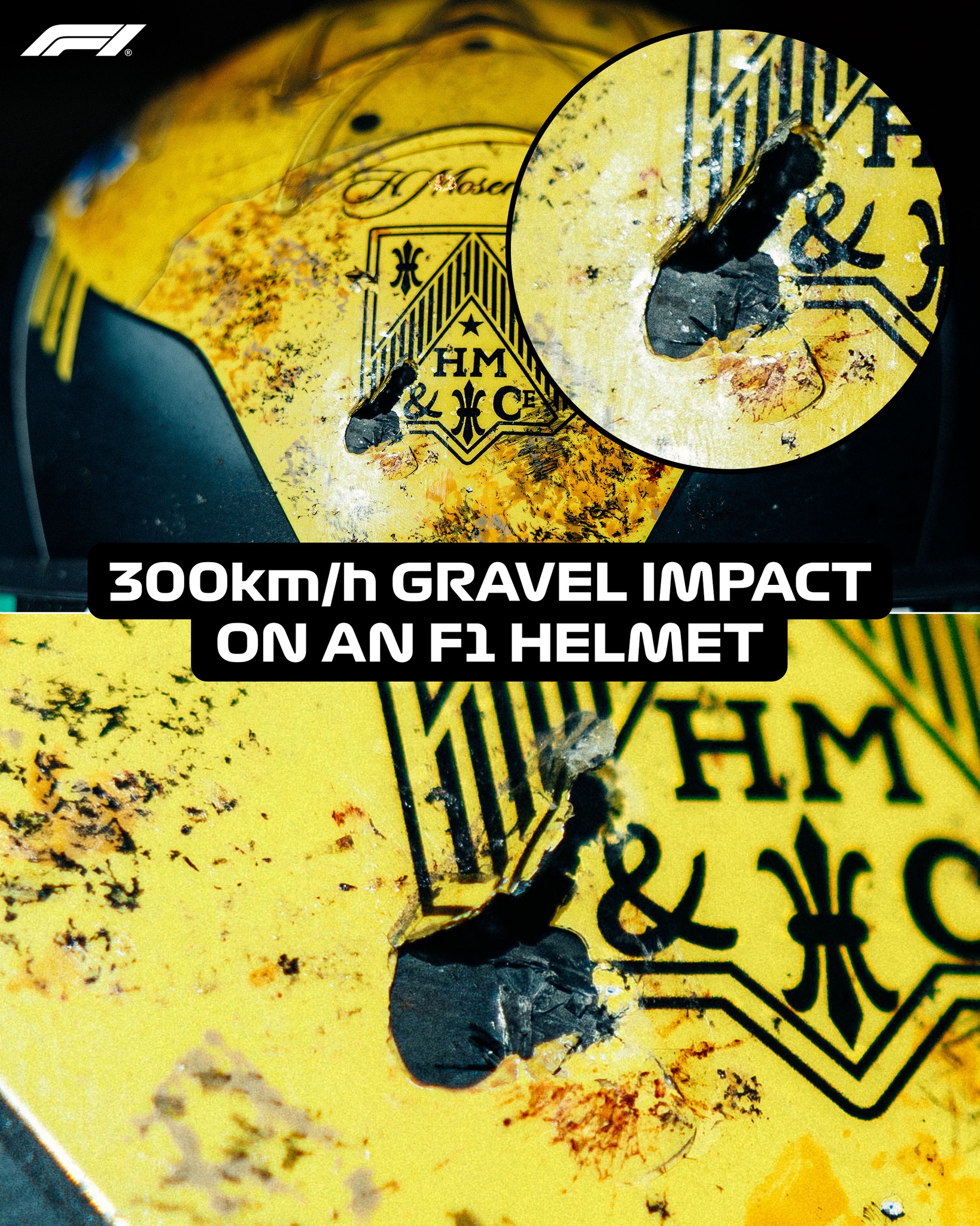 Protecting our drivers beyond the 300km h mark This is what a piece of gravel did to Pierre Gasly s helmet in Belgium last year
