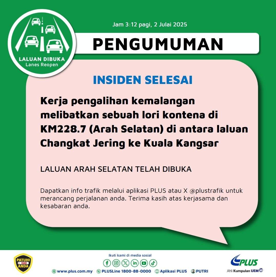 PLUS Malaysia - MAKLUMAN Kemalangan melibatkan sebuah... | Facebook