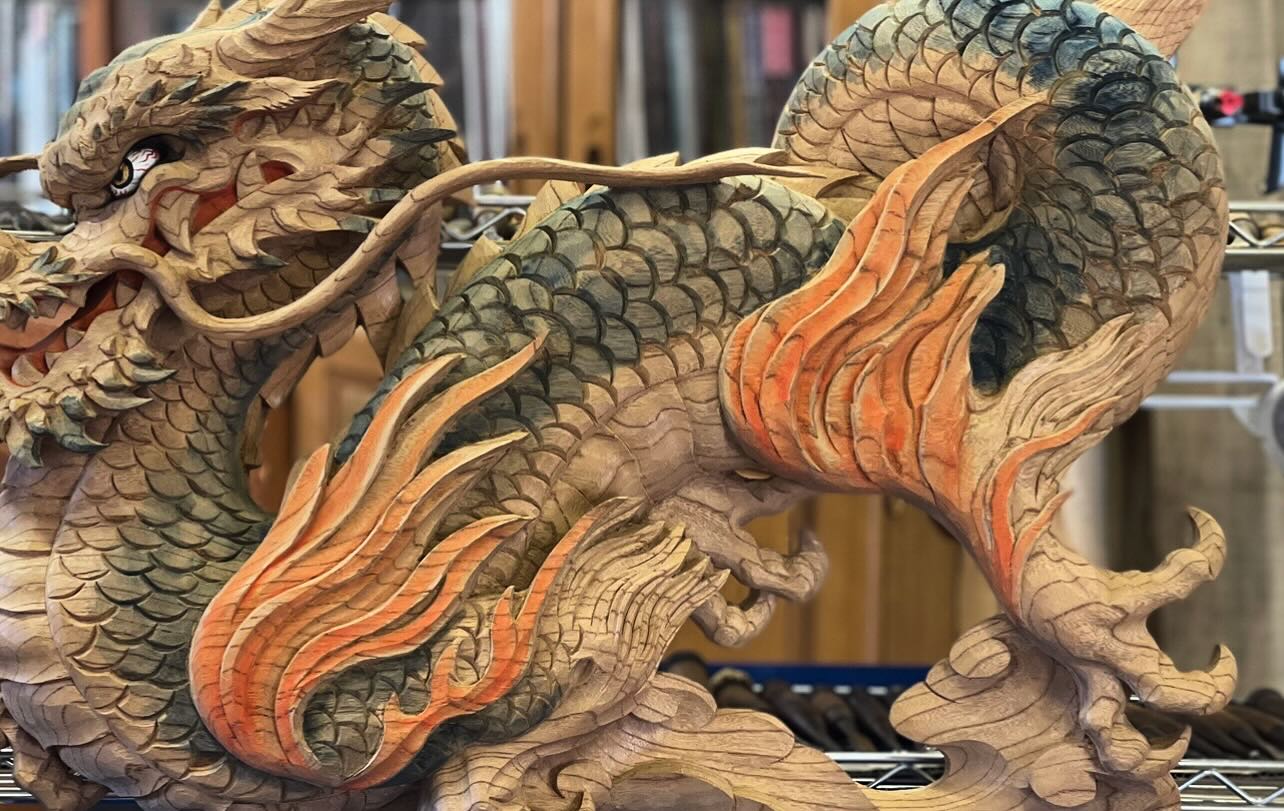 福助】桧 山車、木彫り彫刻 高さ25cm 中古】☆木彫の傑作 【 力神 