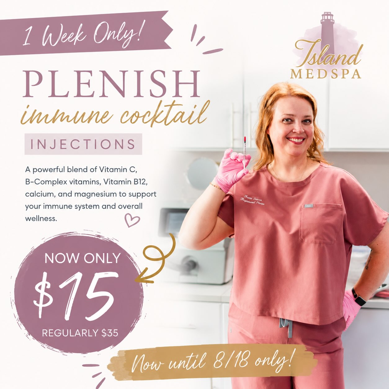 Island Medspa's Plenish immune cocktail injection sale: $15 for a limited time