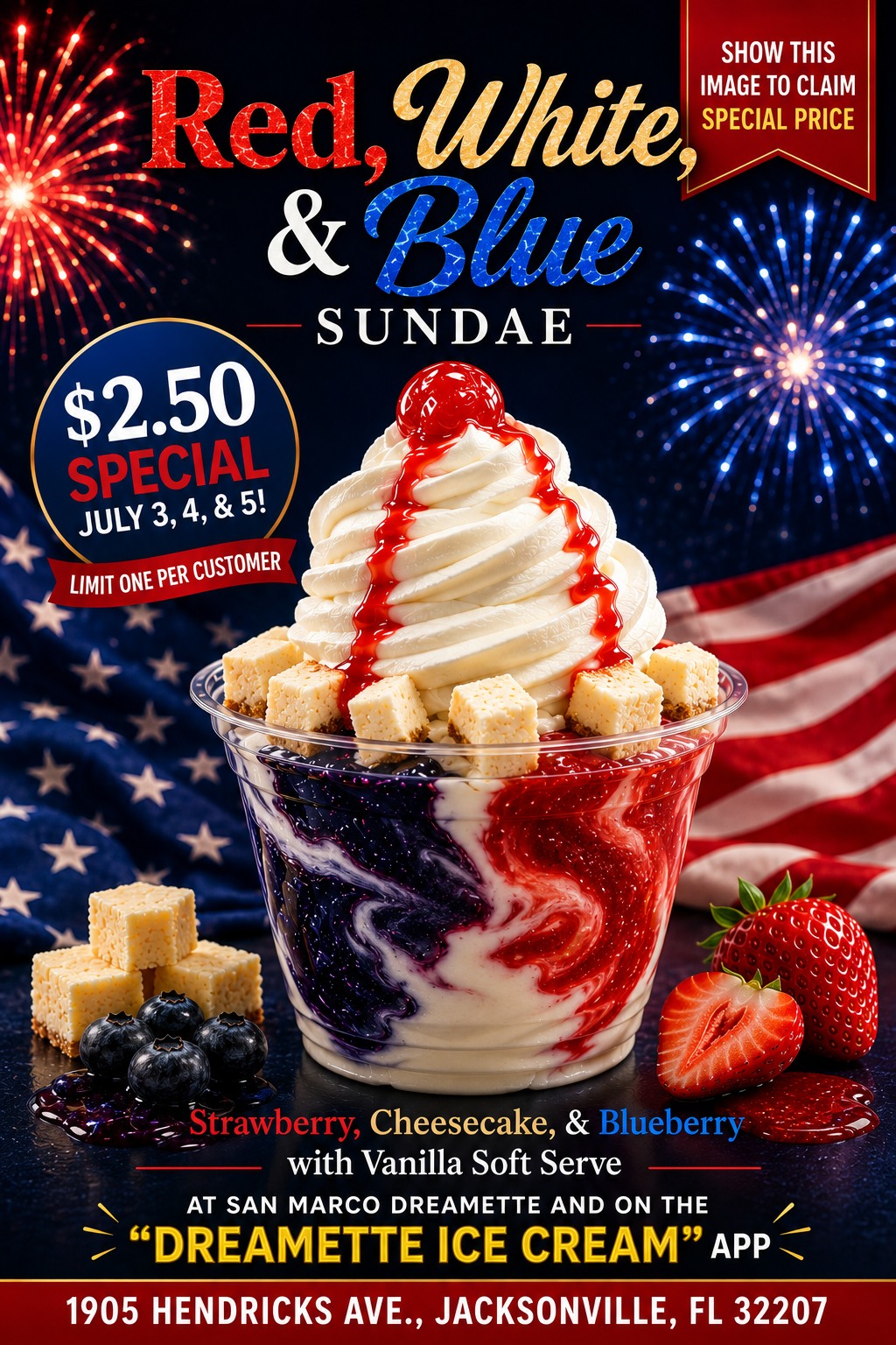 Red, white, and blue sundae for $2.50 at San Marco Dreamette