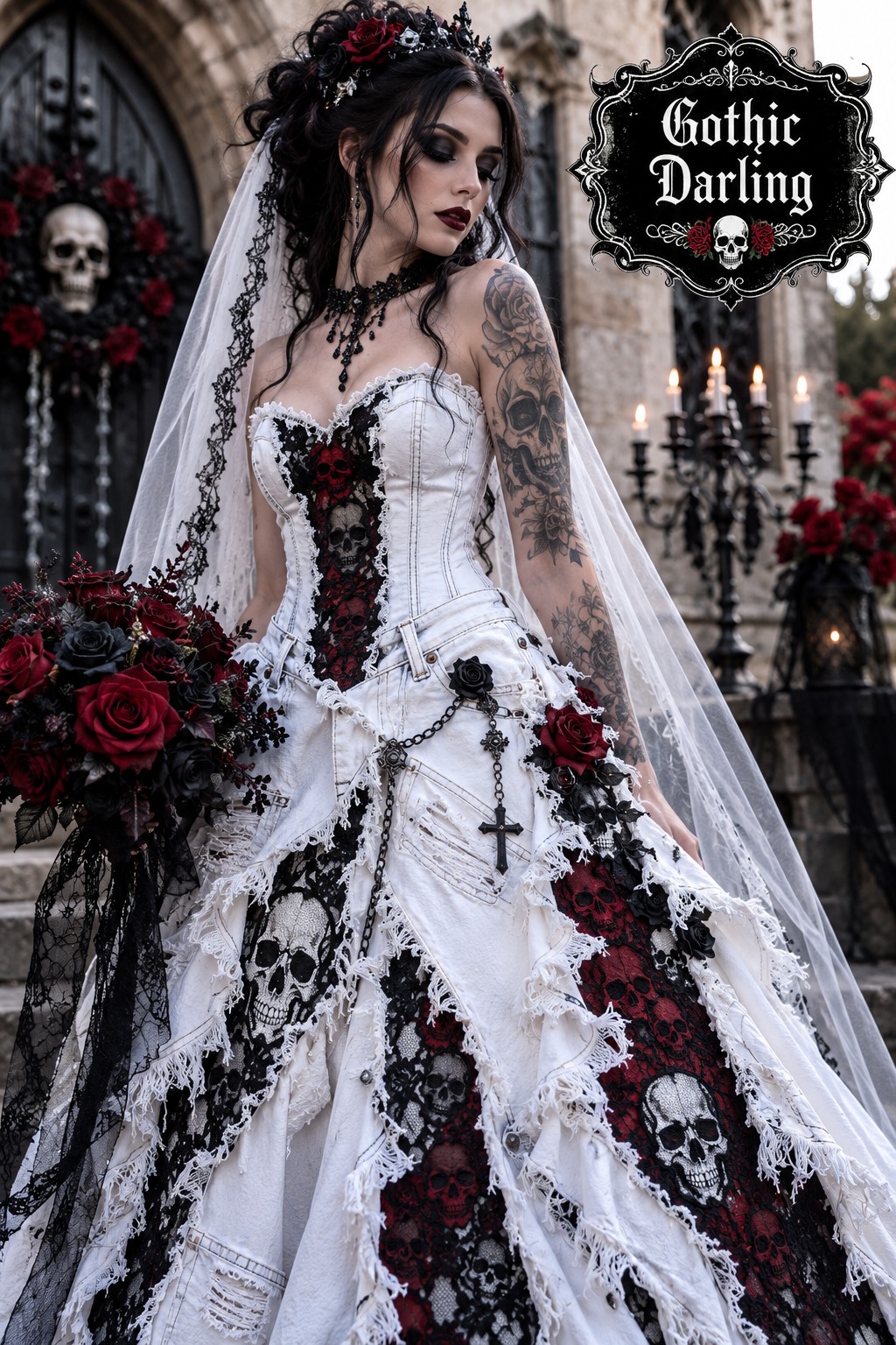 this bride wanted some colors in her dress instead of solid white, the red and black looks great with the skulls