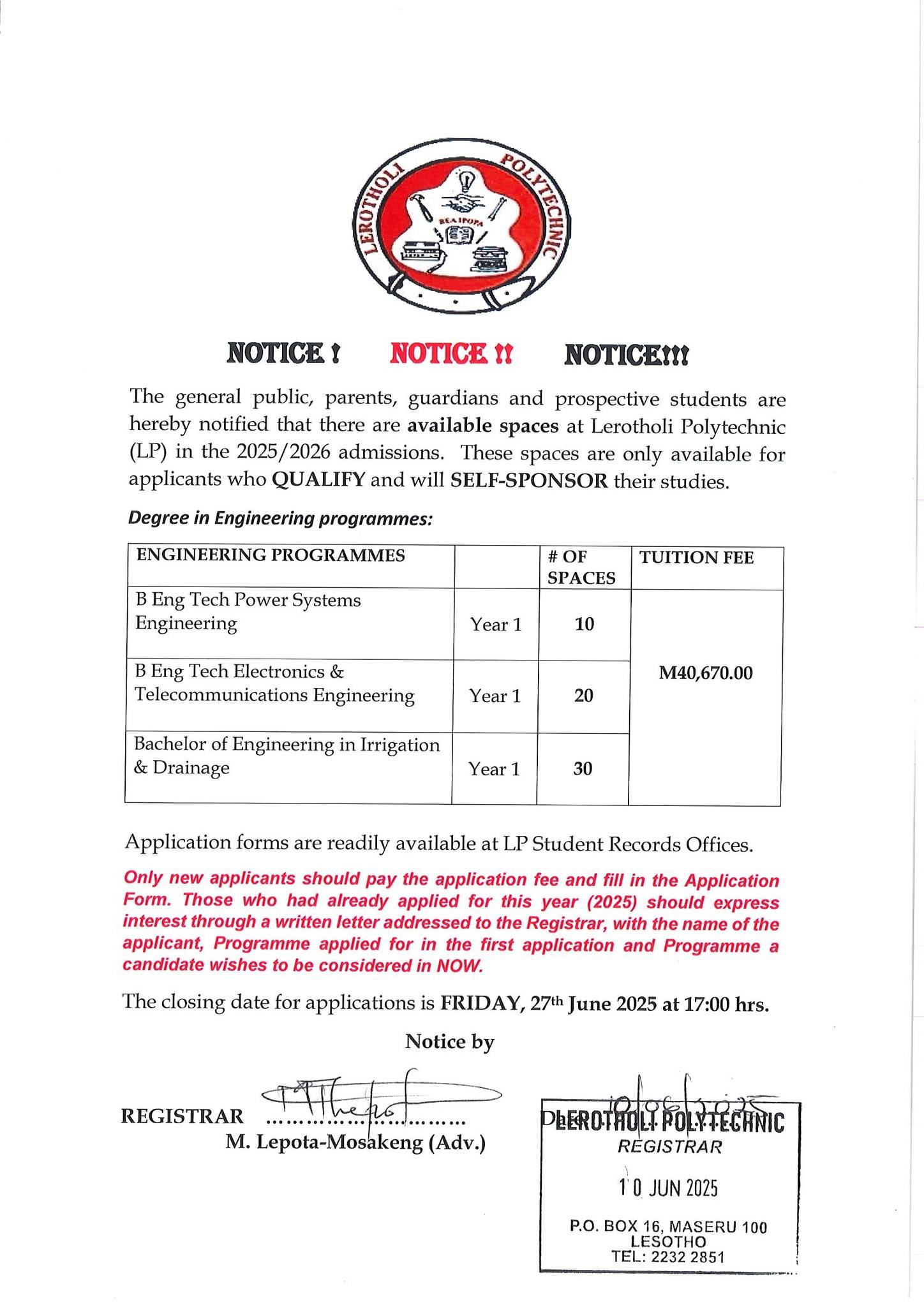 Lerotholi - REMINDER TO THE PUBLIC, PARENTS, GUARDIANS AND PROSPECTIVE ...