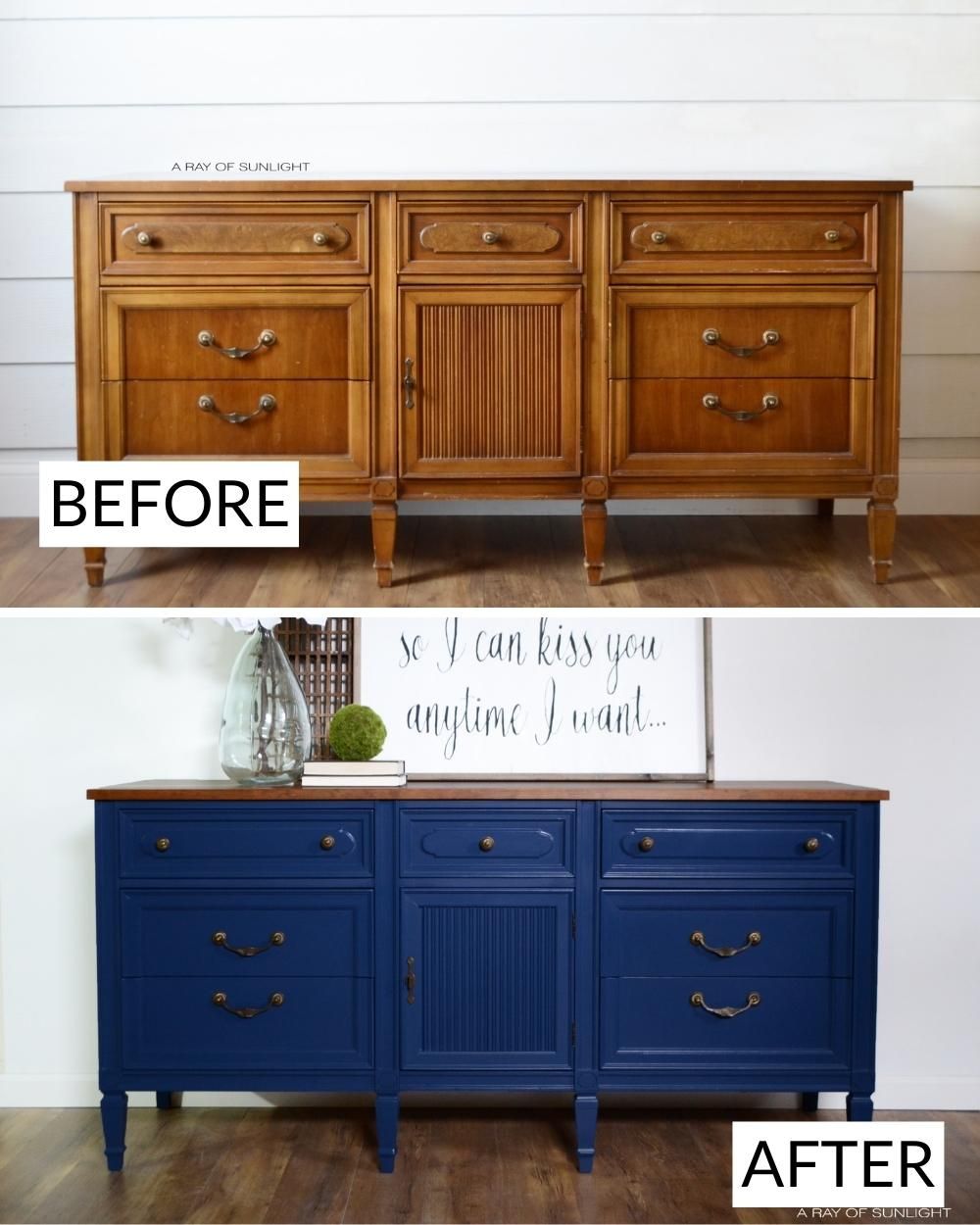 blue refurbished dresser Do you like the with stained wood top or you would rather paint it all in one color? US size:12