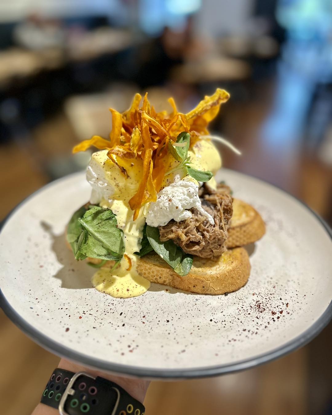 Miss - Pulled Beef Benny 🥩🍳 Slow-cooked beef with wilted spinach, two ...