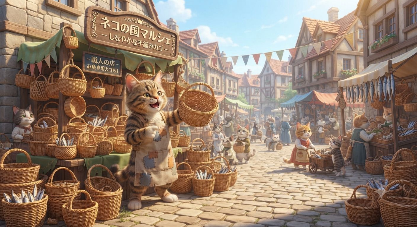 猫の国マルシェ」 ​石畳の広場で開かれる朝市。 大小さまざまなカゴが