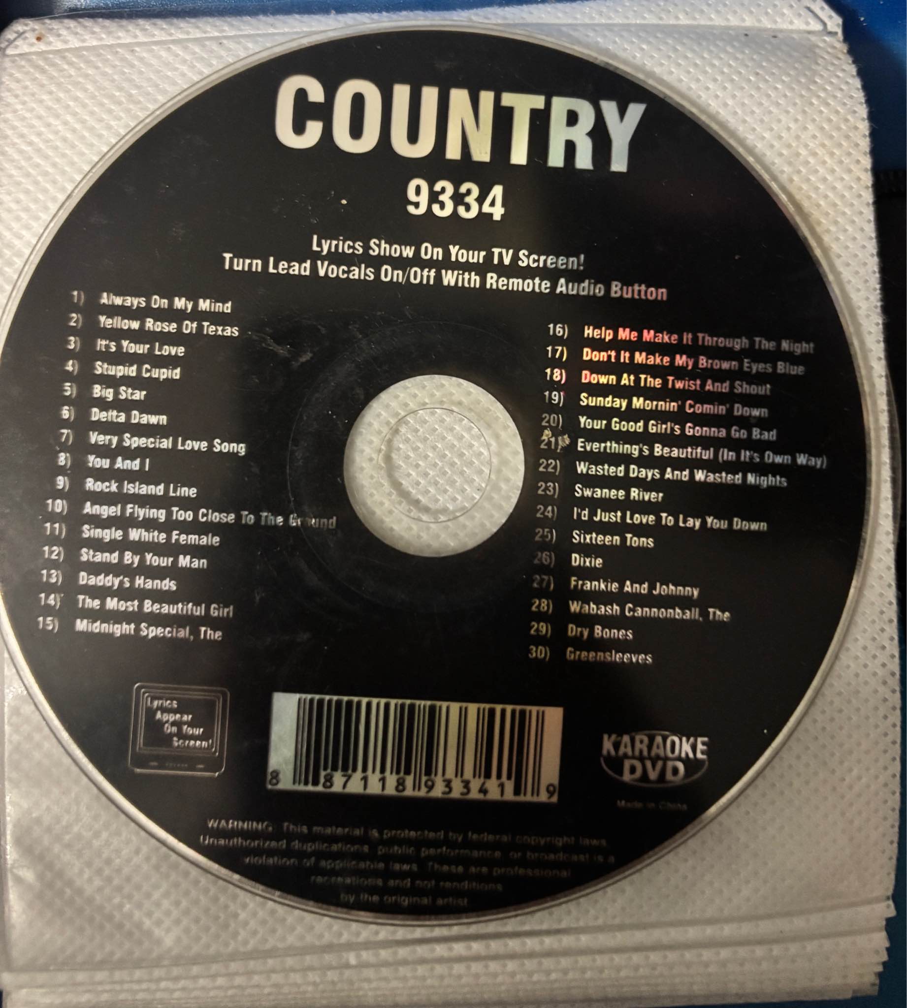 Black Country 9334 Karaoke DVD with 30 tracks. This disc has on