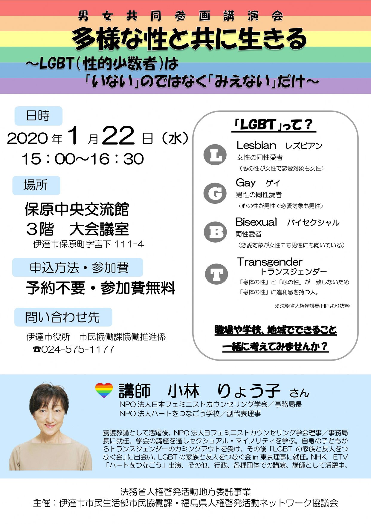 福島県伊達市 男女共同参画講演会の開催 多様な性と共に生きる 令和2年1月22日 保原中央交流館にて男女共同参画講演会を開催いたします 近年耳にする機会が多くなった ｌｇｂｔ や 性的少数者 という言葉 しかし 実際に自分がそうであると表明できる人