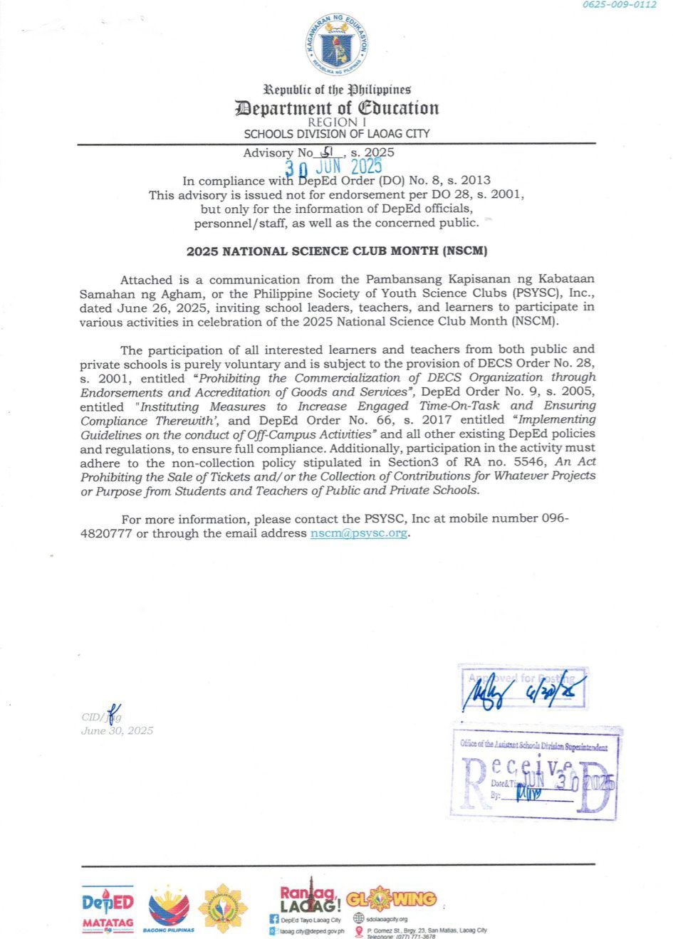 DepEd - ADVIAORY NO. 51, S. 2025 2025 NATIONAL SCIENCE CLUB MONTH (NSCM ...
