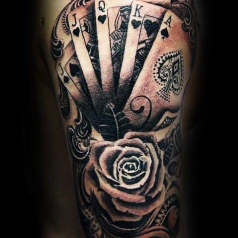deck of cards sleeve tattoo Lucky Gambling Guns Playing Roses Dice Horse Shoe Cross Woman Dove Temporary Tattoos Forearm Dice Cards Tattoo |