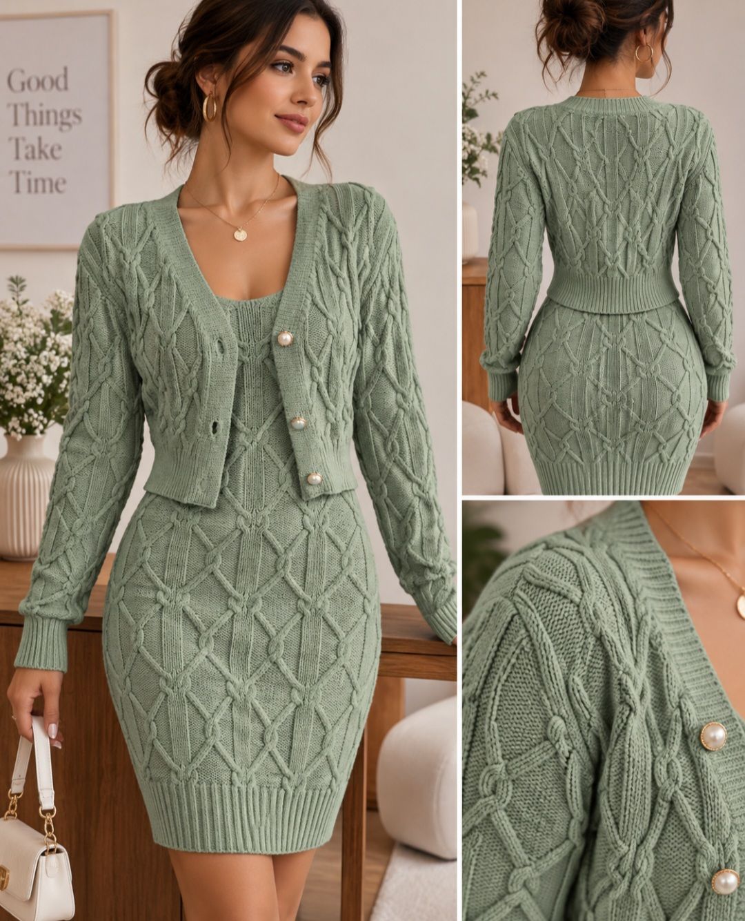 cable knit dress and cardigan set Elegant Sage Green & dress_type_Jumpsuit