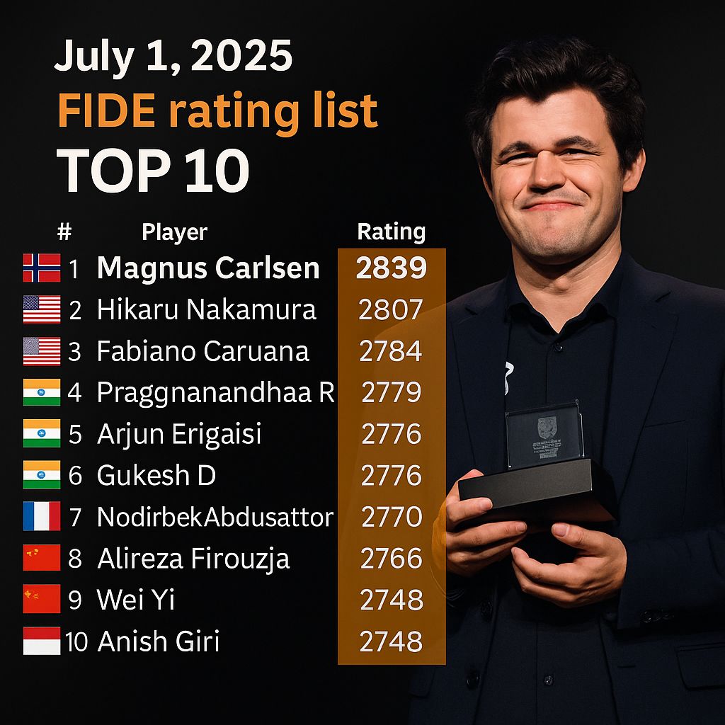 Chess - 🎉 FIDE Top 10 – July 2025! 🔥 Magnus still ruling the board 💪 ...