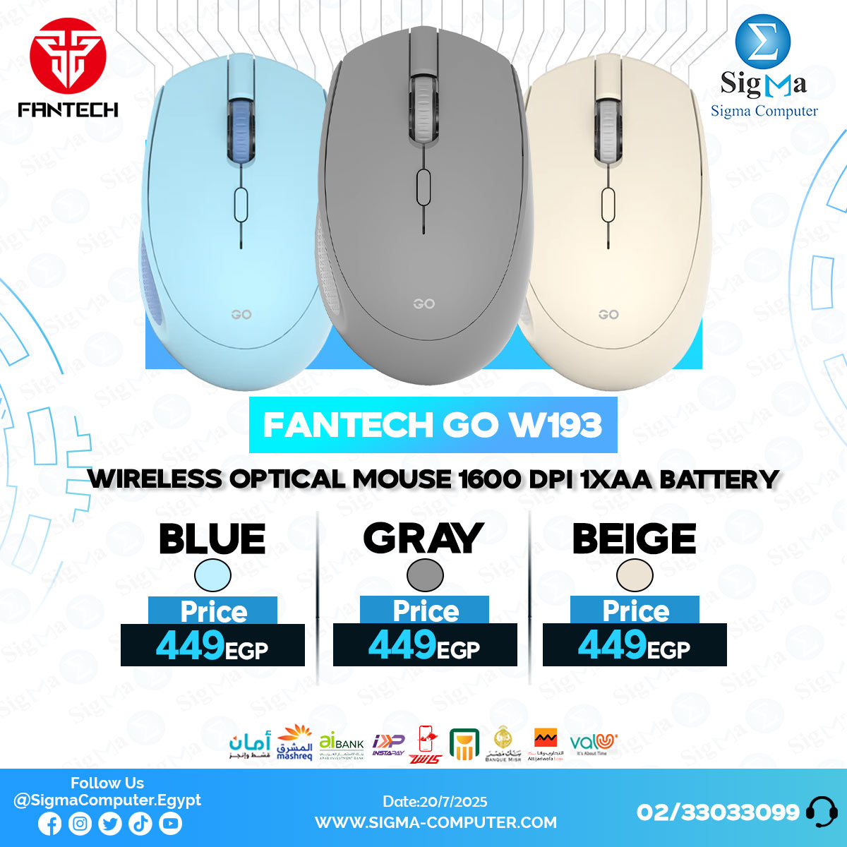 Sigma - FANTECH Go W193 Beige Wireless optical mouse 800 1600 DPI 4 ...
