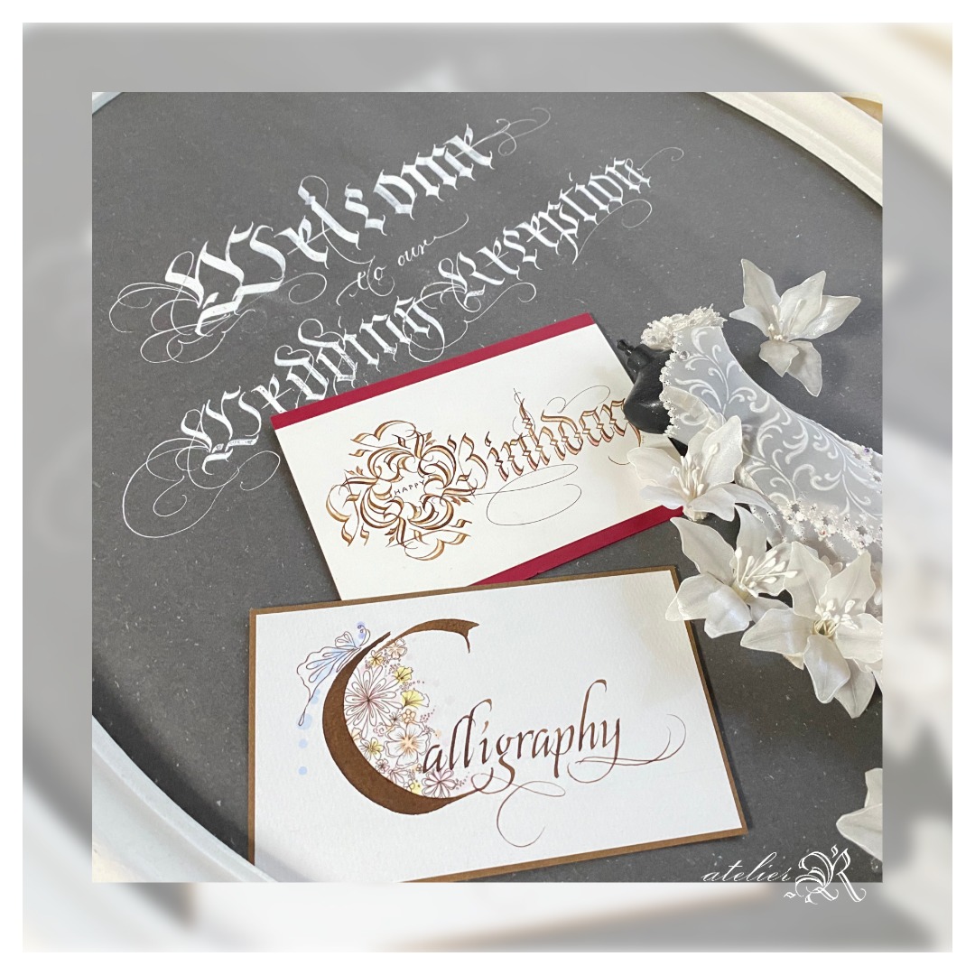 Calligraphy - 今回の作品展DMに使おうかと撮影したまま使わなかった画像 ドレスと花は随分前に作っていたパーチメントクラフト