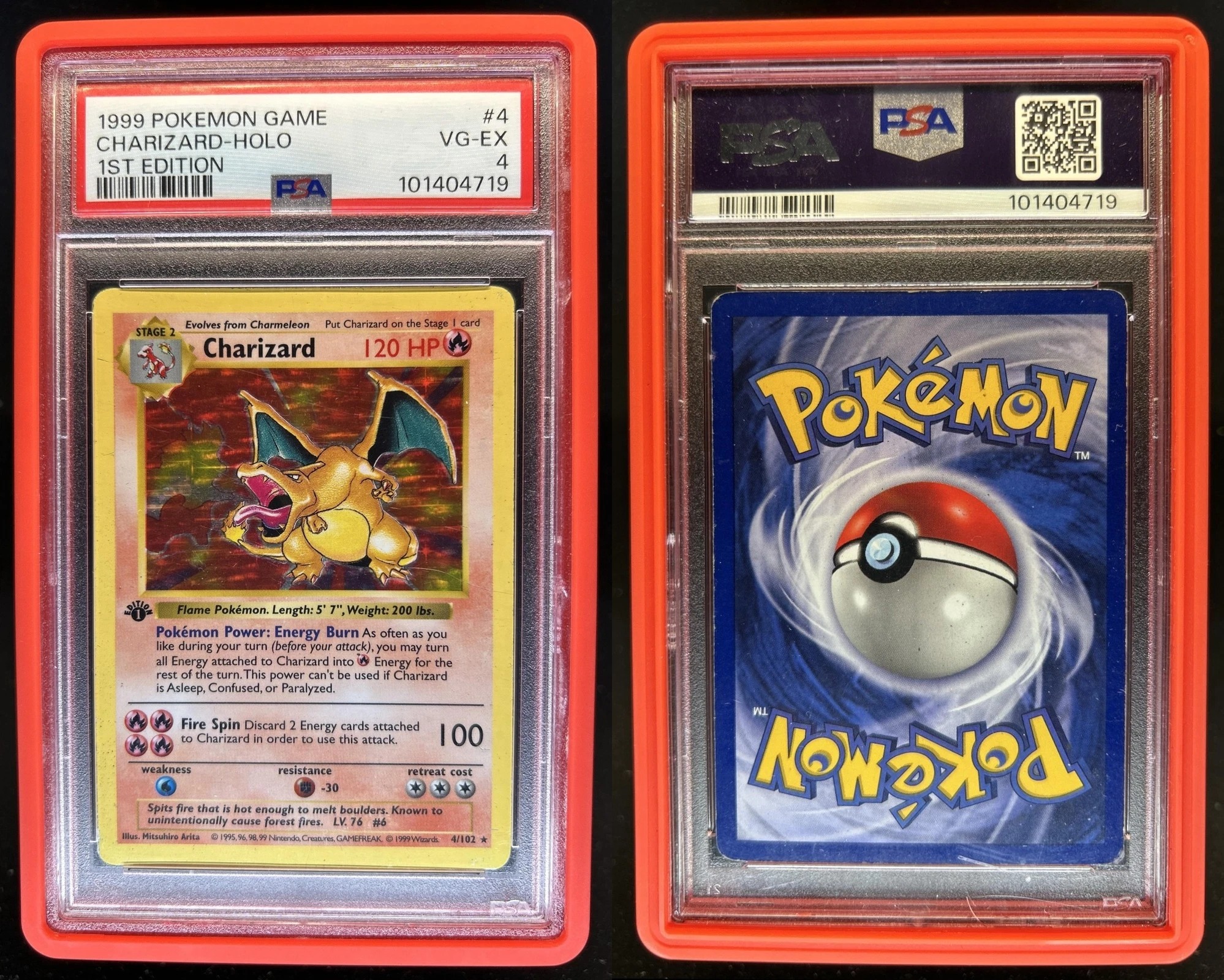 A first-edition shadowless Charizard Pokémon card valued at
