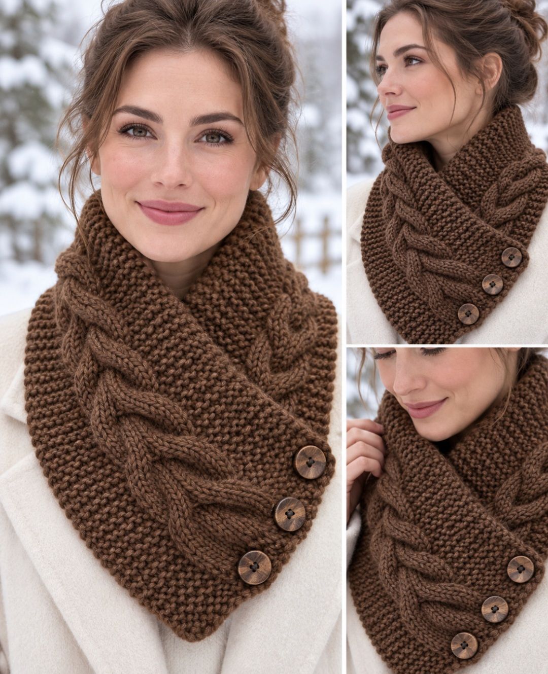 Cozy Brown Cable Knit Neck Warmer with Wooden Buttons