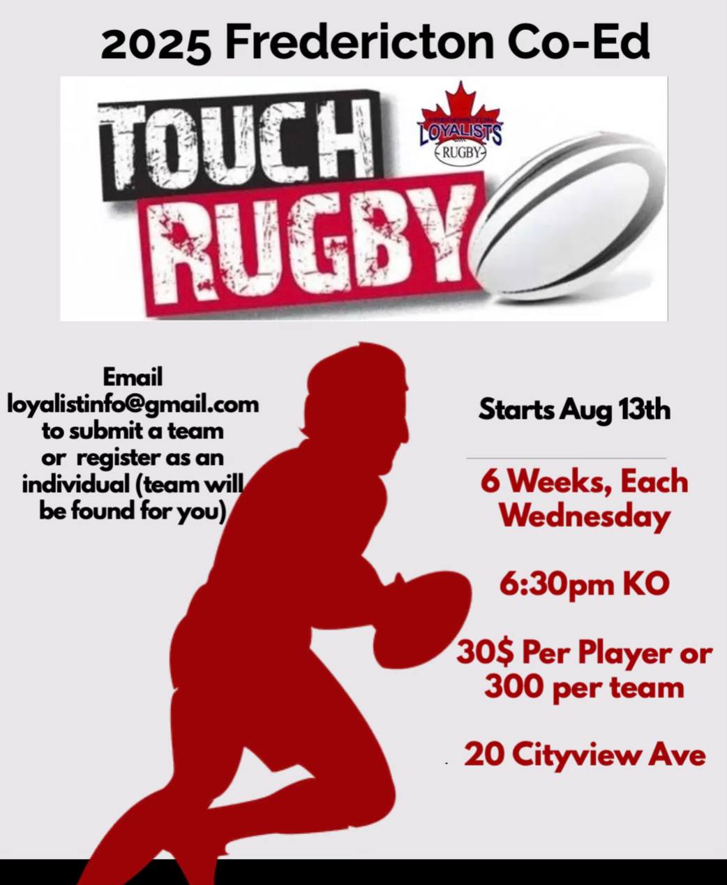 2026 Fredericton Loyalists Co-Ed Touch Rugby League | Fredericton NB
