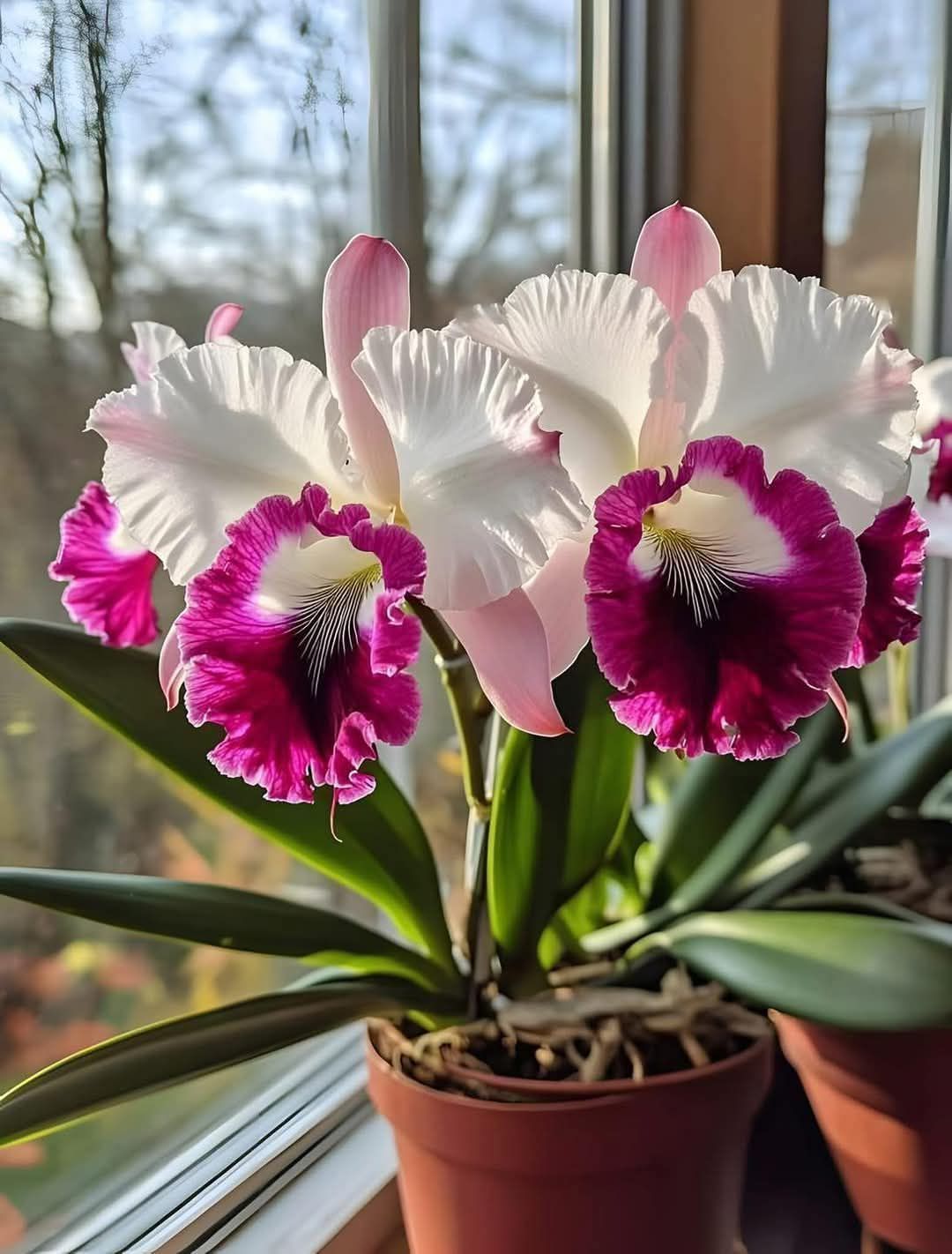 Growing Cattleya Gertrude Hausermann Orchids in Wood Baskets with