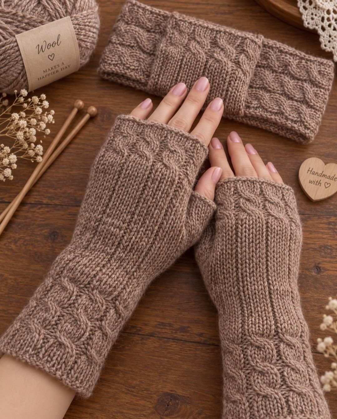 Cozy Cable Knit Fingerless Gloves – Elegant Winter Inspiration 🤎✨