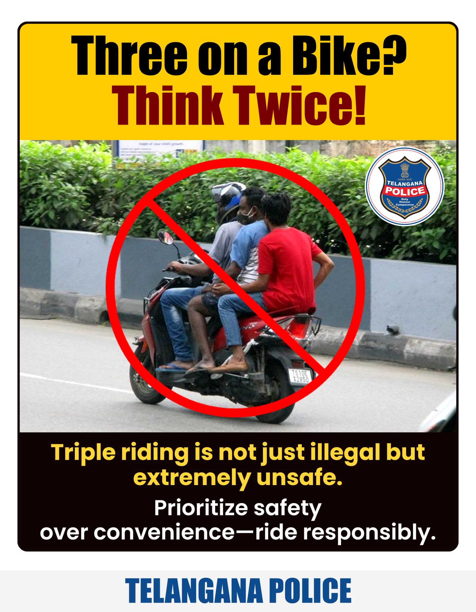 Triple riding is unsafe and... - Telangana State Police | Facebook