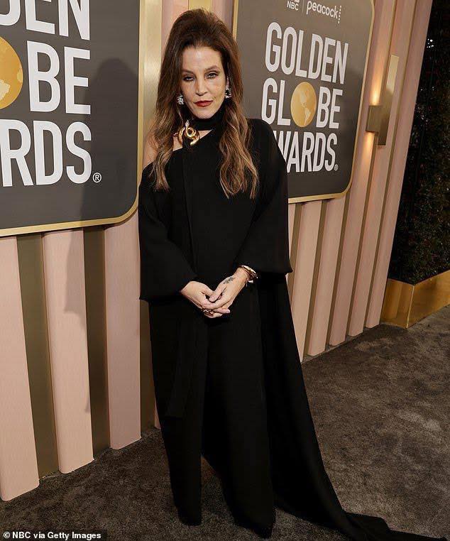 lisa marie presley golden globes dress January 10, 2023: at the Globes. The third picture is Lisa with her father's dear friend Jerry Schilling. This was the last time Lisa was seen publicly. #lisamariepresley # Collection: MODEST