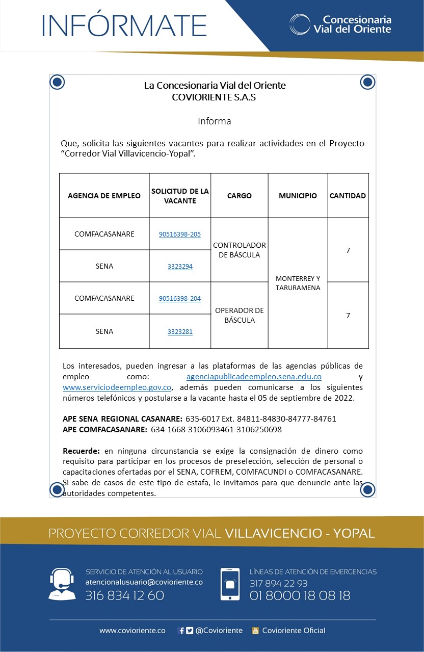 Covioriente - 📍Se solicitan las siguientes vacantes para... | Facebook