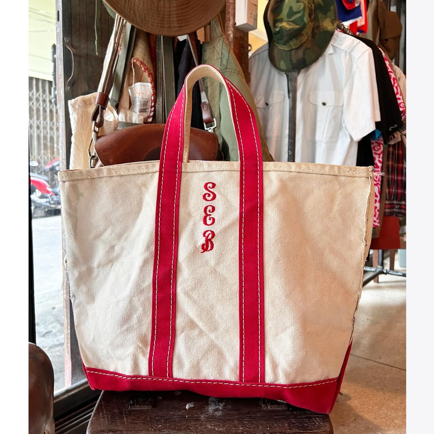 80s LL Bean boat & tote bag in red color with cool letter initial 