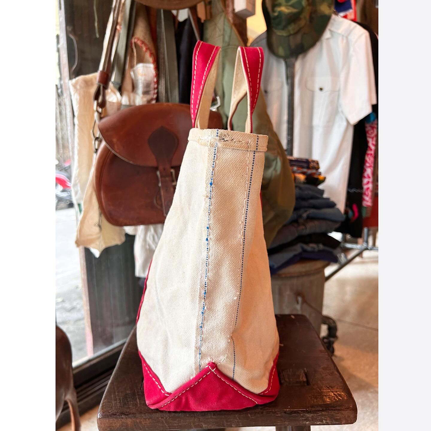 80s LL Bean boat & tote bag in red color with cool letter initial 