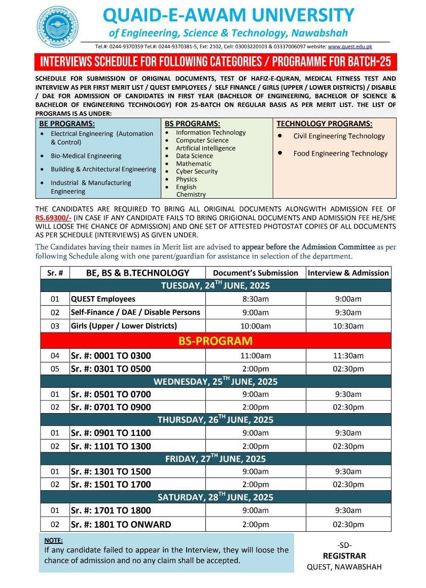 QUEST - 📢 Interview Schedule Released for QUEST Admissions – Batch 25 ...