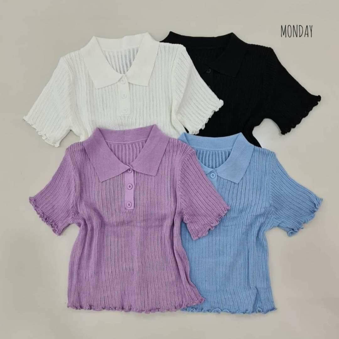 𝕊𝕥𝕠𝕣𝕖 𝕥𝕠𝕠 - เสื้อไหมพรมแขนสั้น ปกโปโล ทอฉลุ ดูแพง ผ้านุ่ม...