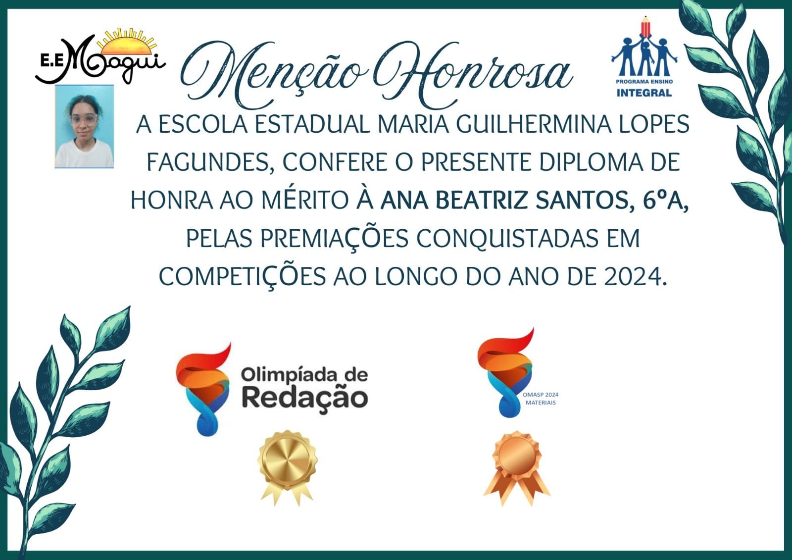 Escola - Ana Beatriz Santos, nossa aluna do 6° ano A, medalha de ouro 🥇 ...