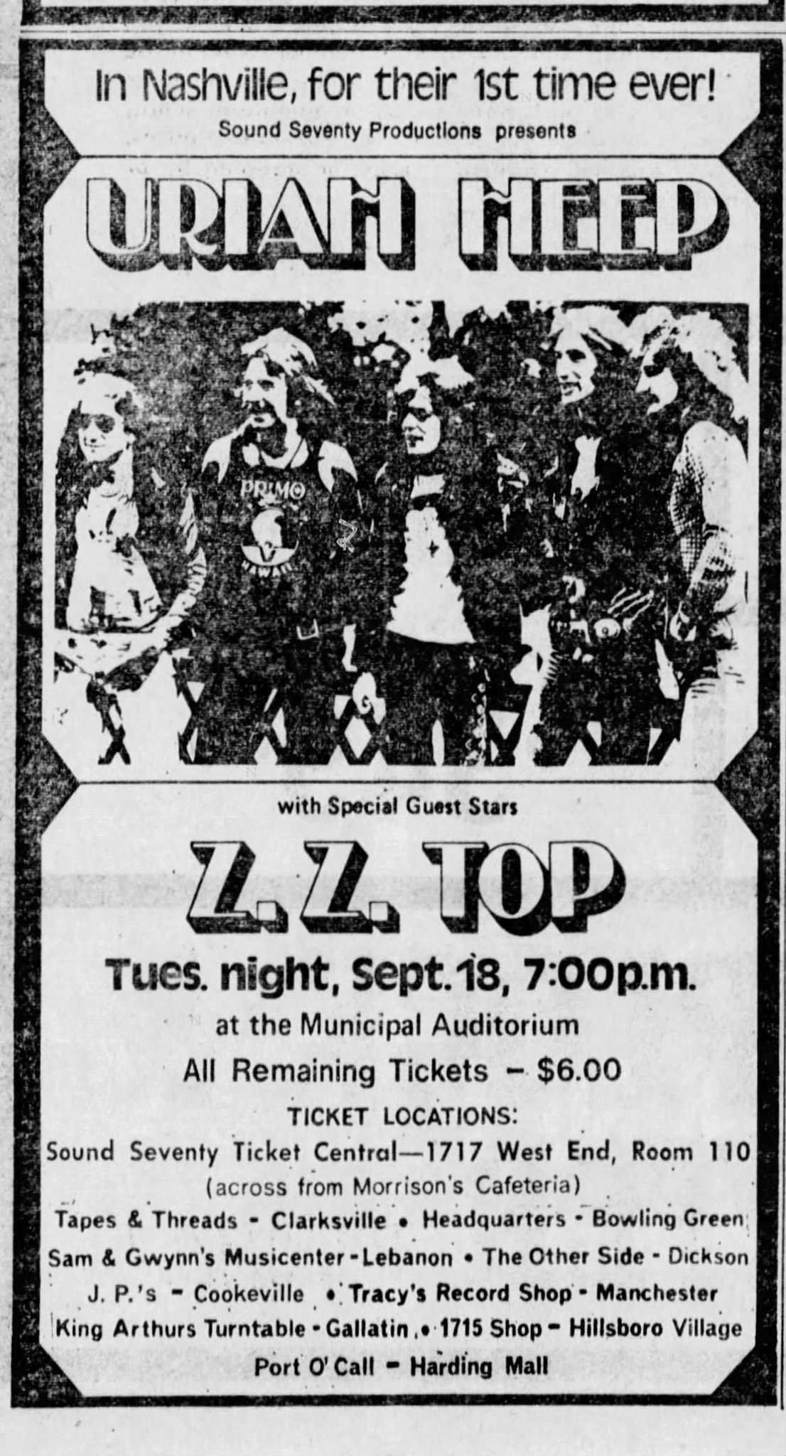 Uriah Heep performs at Nashville's Municipal Auditorium in 1973
