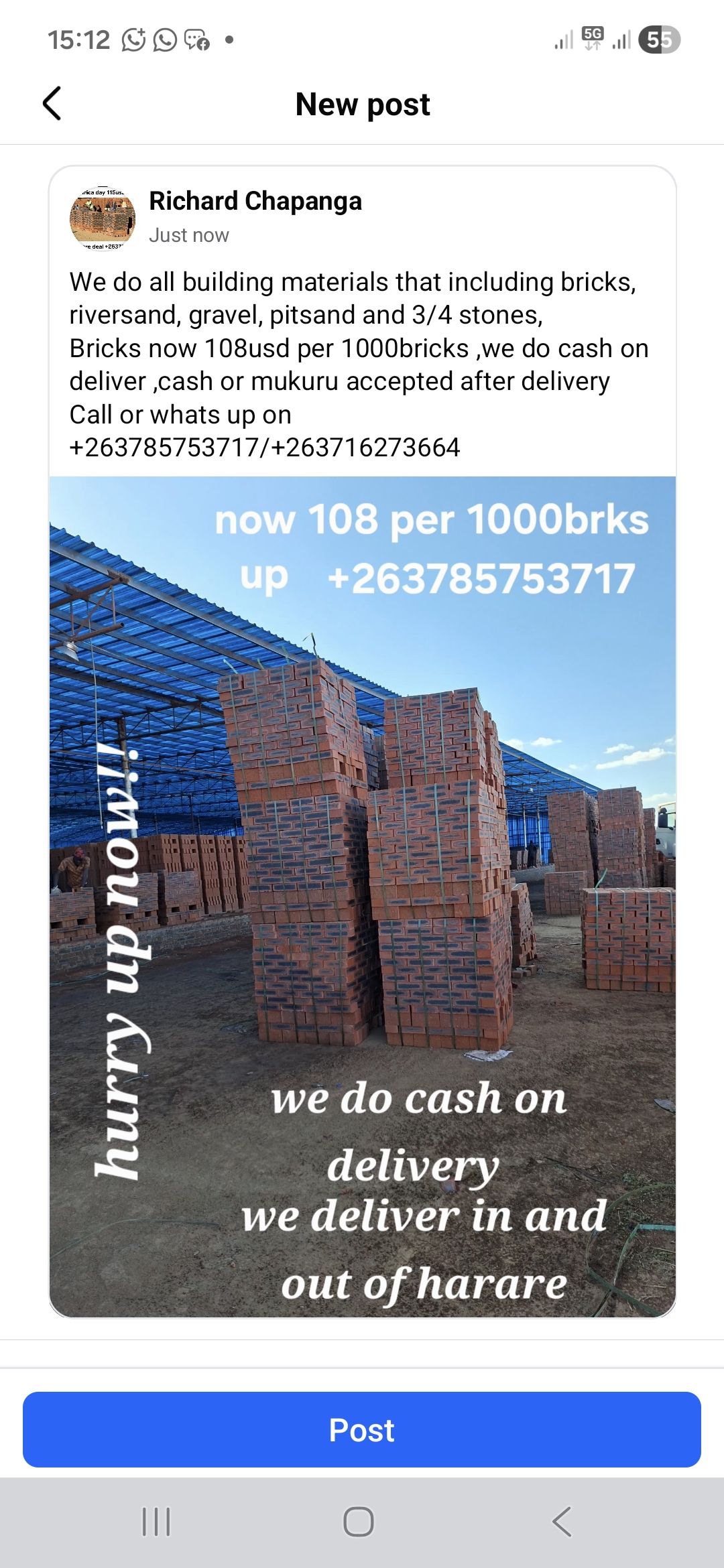 15:12 < 55 New post Richard Chapanga Just now We do all building
