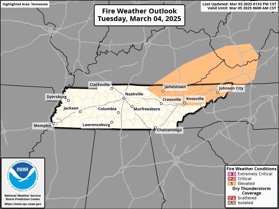 Tennessee - Gusty winds + dry conditions = wildfire risk. (March 3 ...