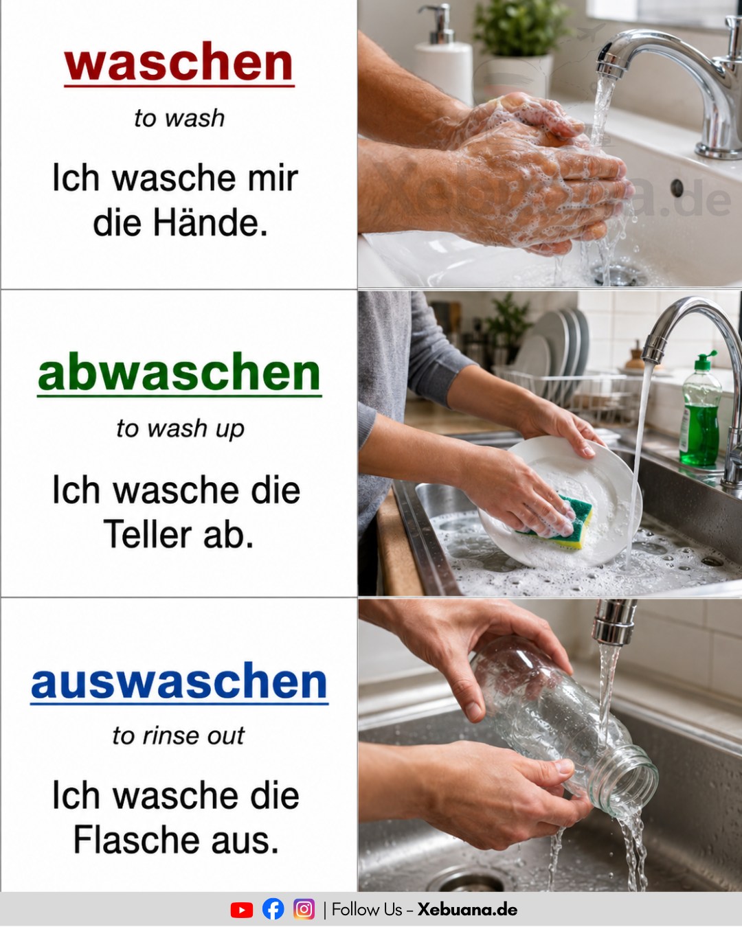 🇩🇪 waschen vs. abwaschen vs. auswaschen 🇩🇪 Main difference: waschen = to wash abwaschen = to wash dishes / wash something off auswaschen = to wash out / rinse out ✓ waschen 📌 Ich wasche mein Auto