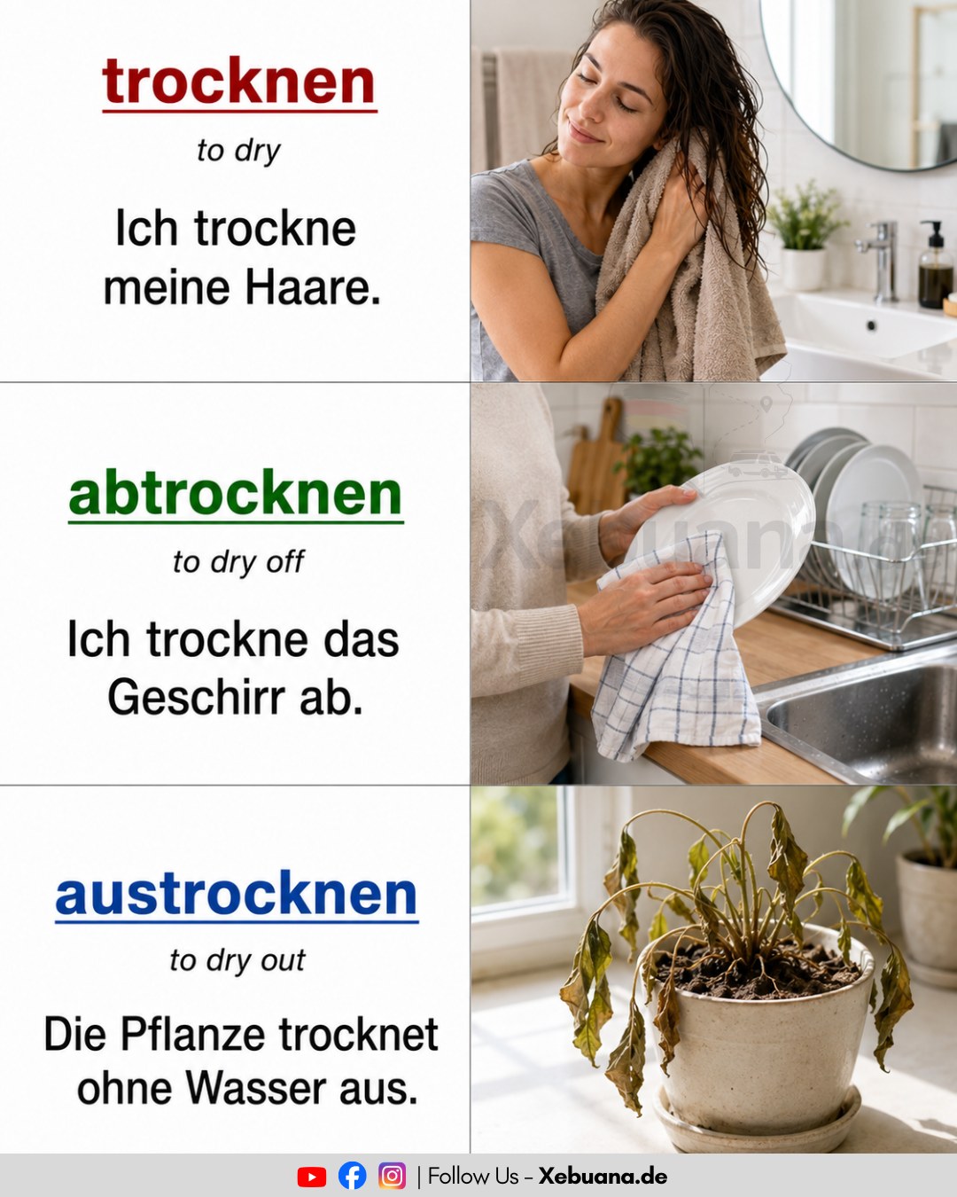 🇩🇪 trocknen vs. abtrocknen vs. austrocknen 🇩🇪 Main difference: trocknen = to dry abtrocknen = to dry off / wipe dry austrocknen = to dry out / become completely dry ✓ trocknen 📌 Ich trockne meine K