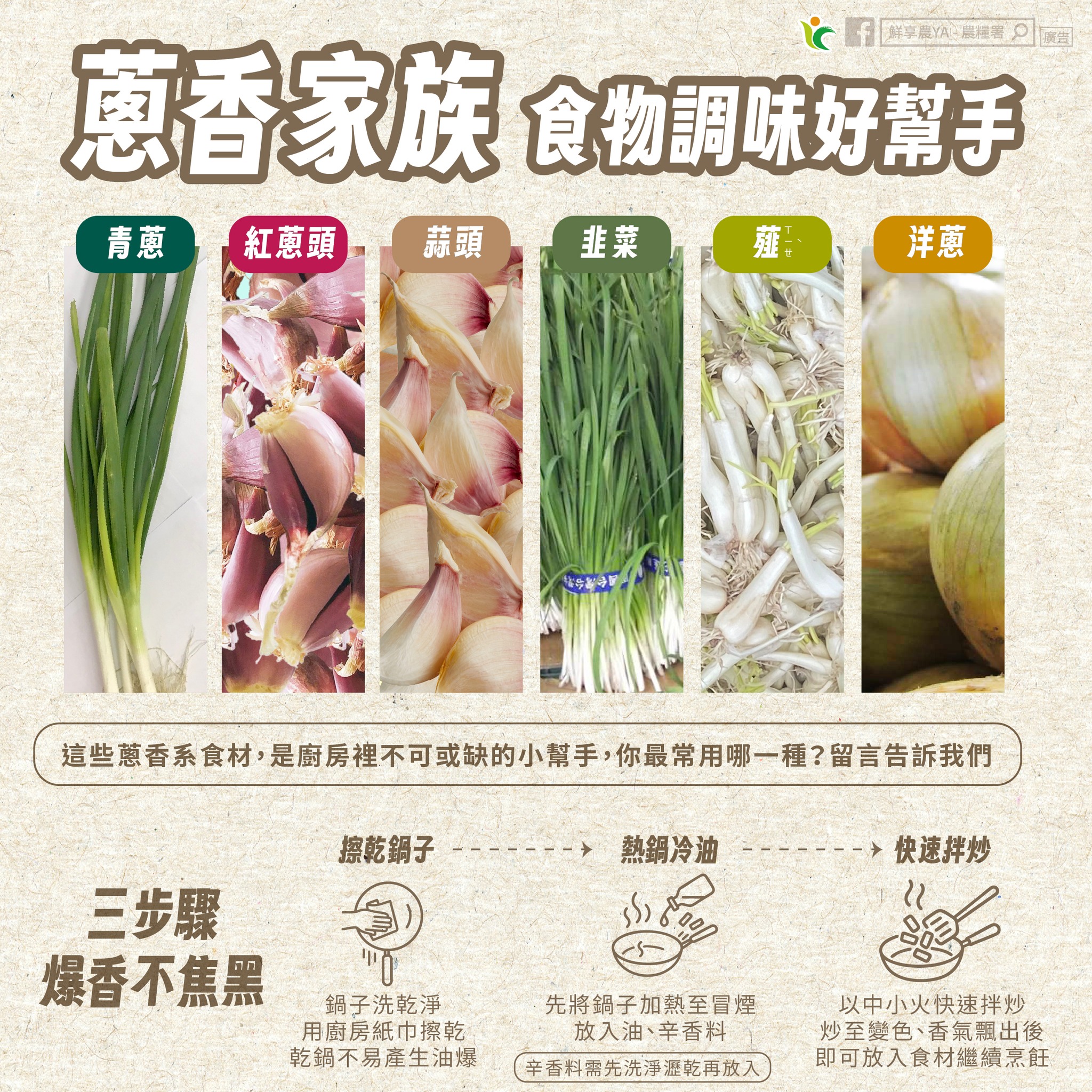 鮮享農YA - 🌿 蔥香家族 食物調味好幫手 煮菜總覺得少了「那一味」？ 別忘了天然香氣的主角 —— 蔥屬作物！ 它們不只提味，更帶來營養與 ...