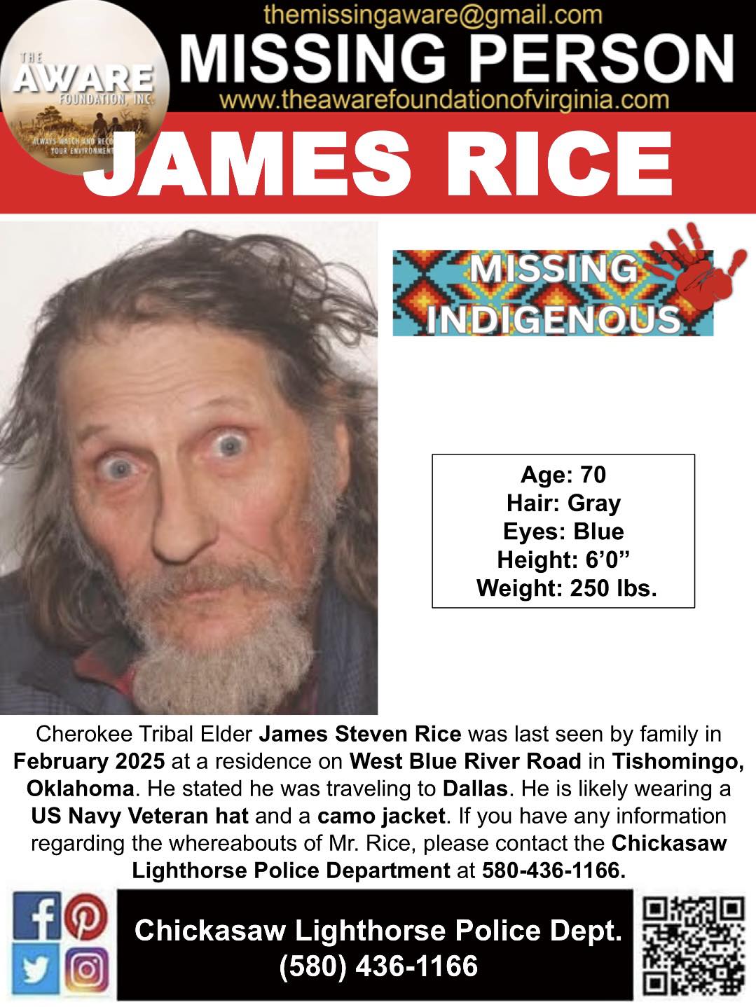 The AWARE - ***MISSING*** Cherokee Tribal Elder James Steven Rice was ...