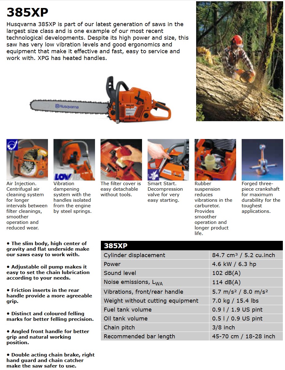 Fire - Specs for the Husqvarna 385 XP, only made from 2001 – 2003