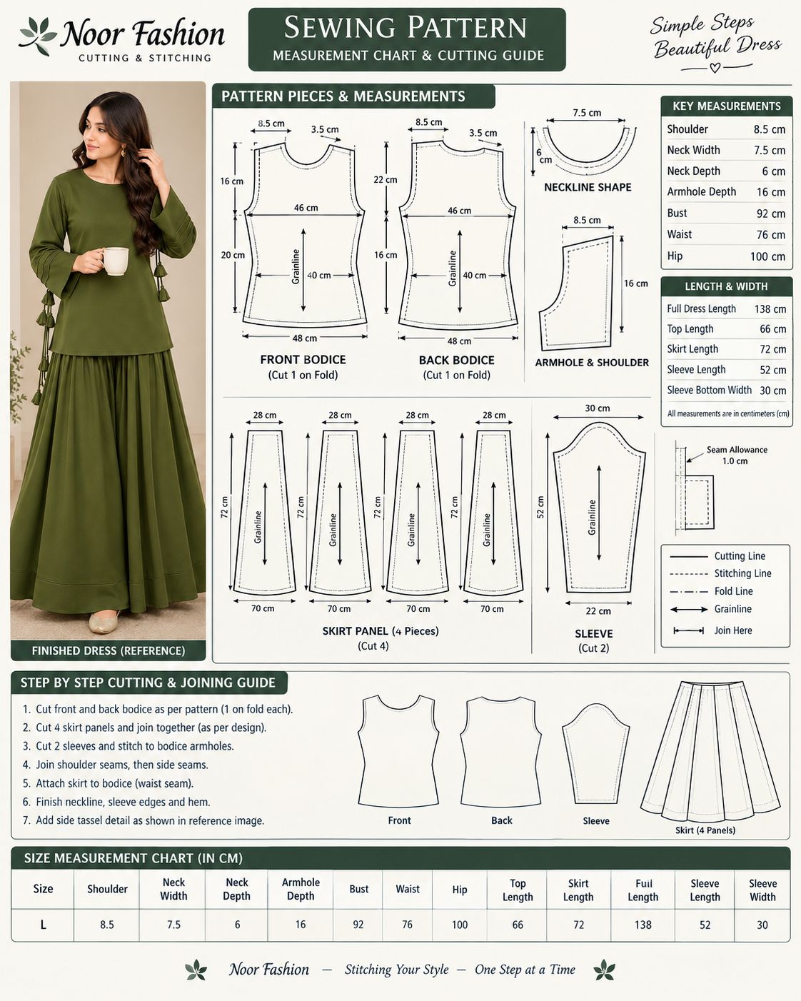 ✂️ Easy Dress Cutting & Stitching Pattern | Complete Measurement Chart