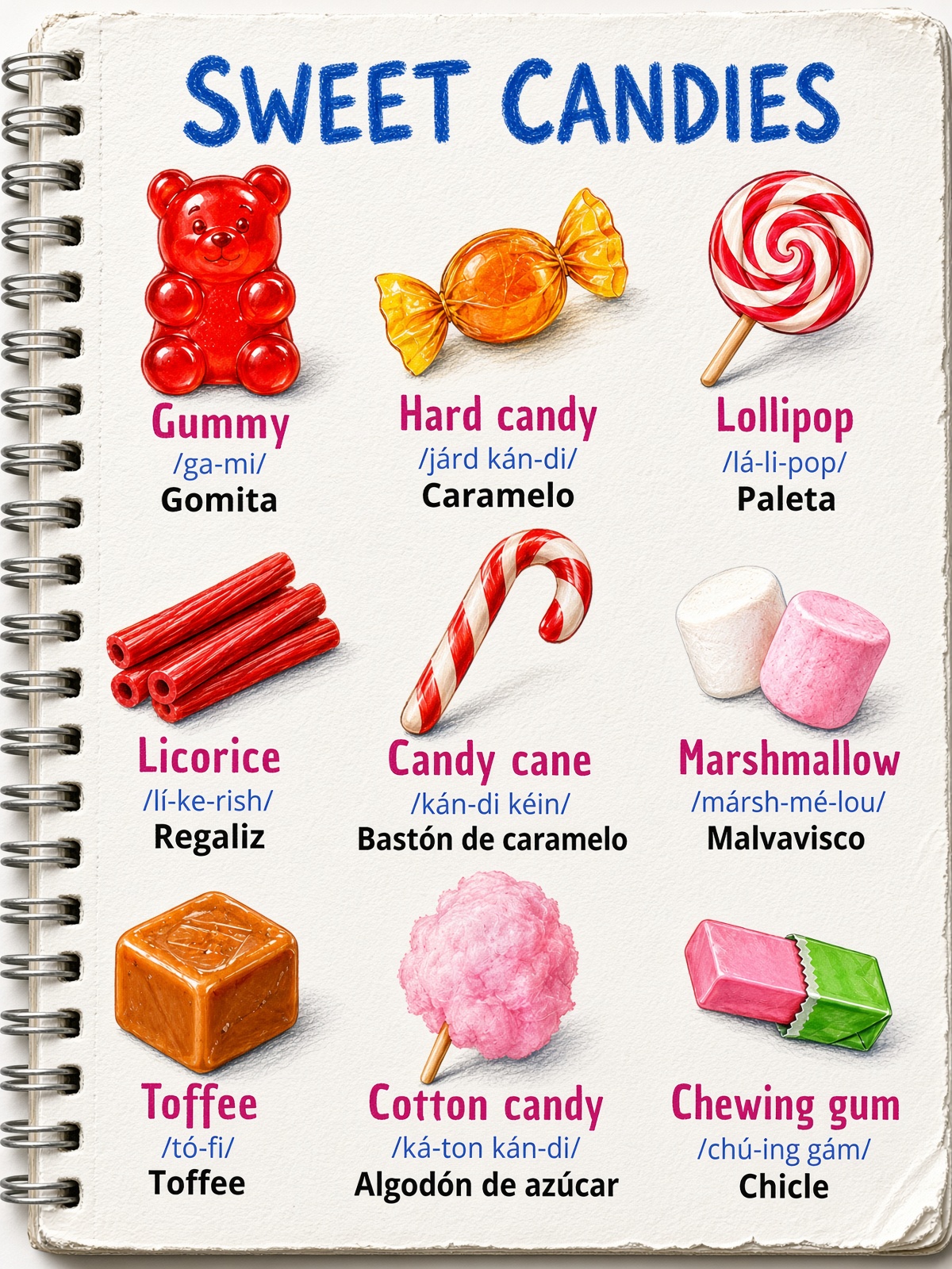 🍬 Dulces Gummy, Hard candy, Lollipop, Licorice, Candy cane