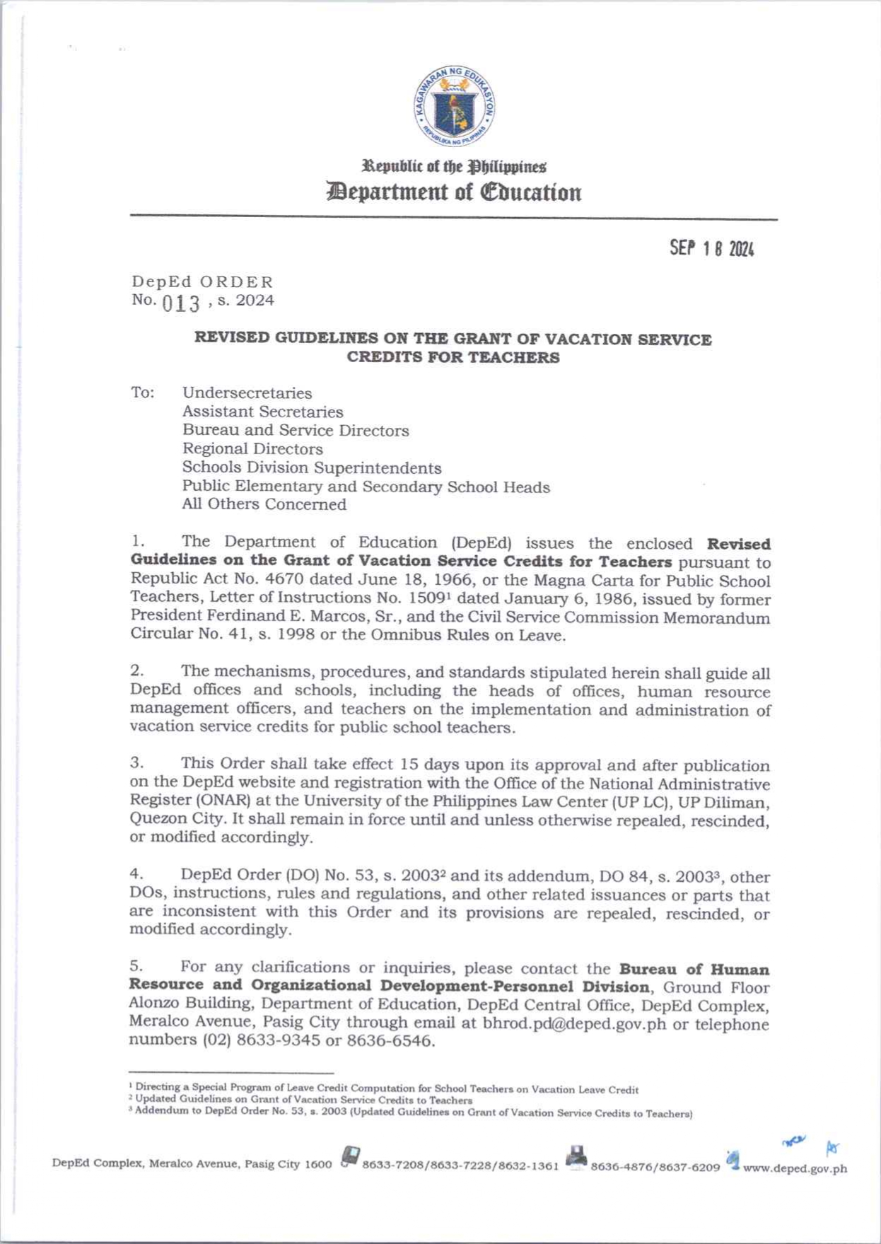 REITERATION OF DEPED ORDER NO. 013 S. 2024, RE: “REVISED GUIDELINES ON ...